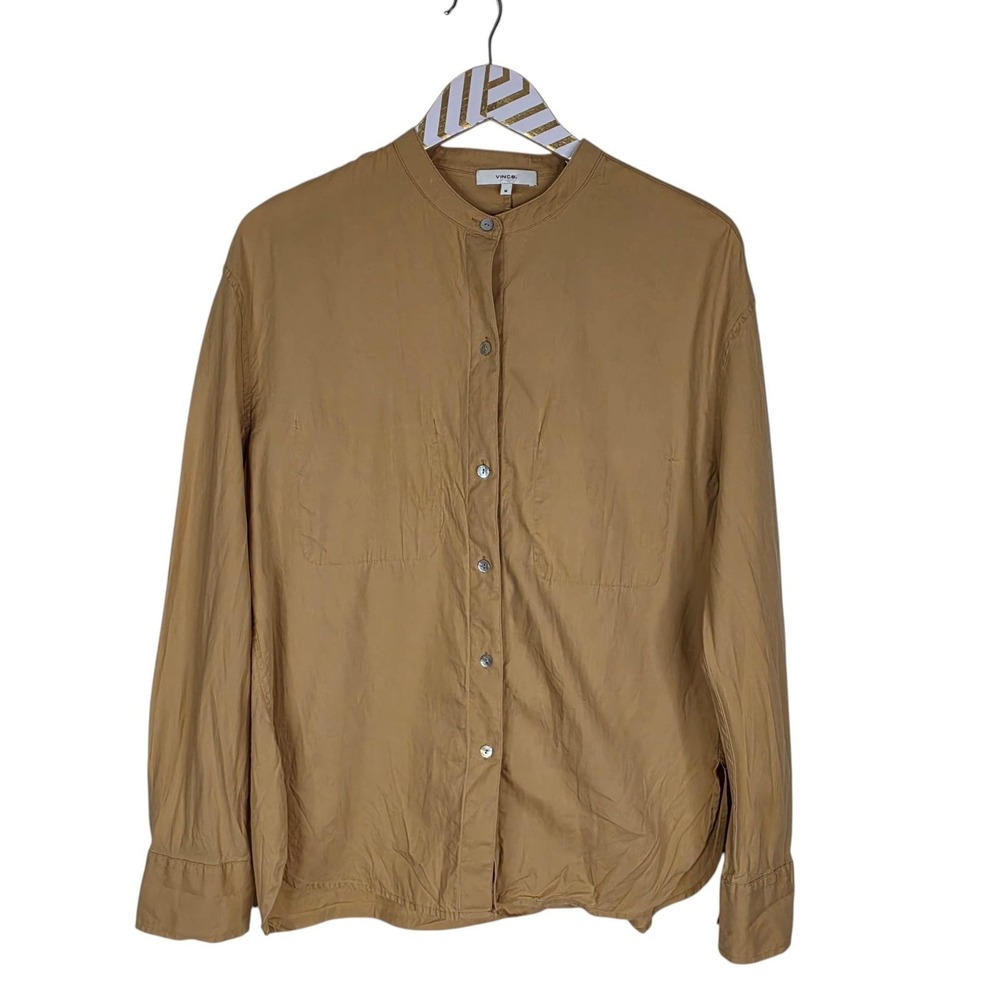 VINCE Shirt Womens Medium Beige Twill Band Collar Cotton Silk Button Up Pockets
